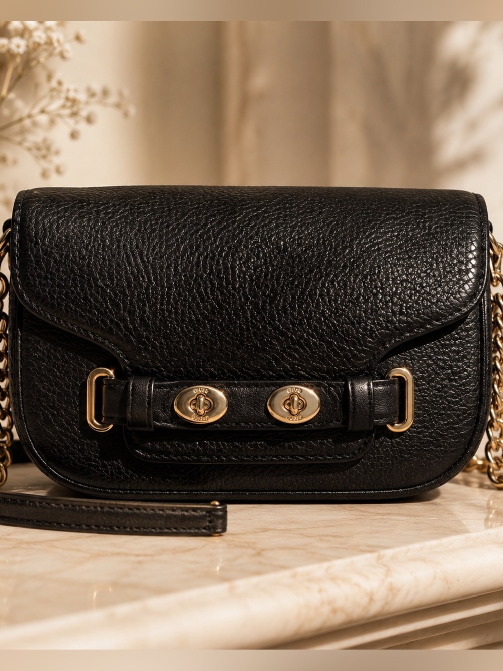 Coach Blake Pebbled Leather Crossbody Bag Black Gold Chain Quiet Luxury EUC
